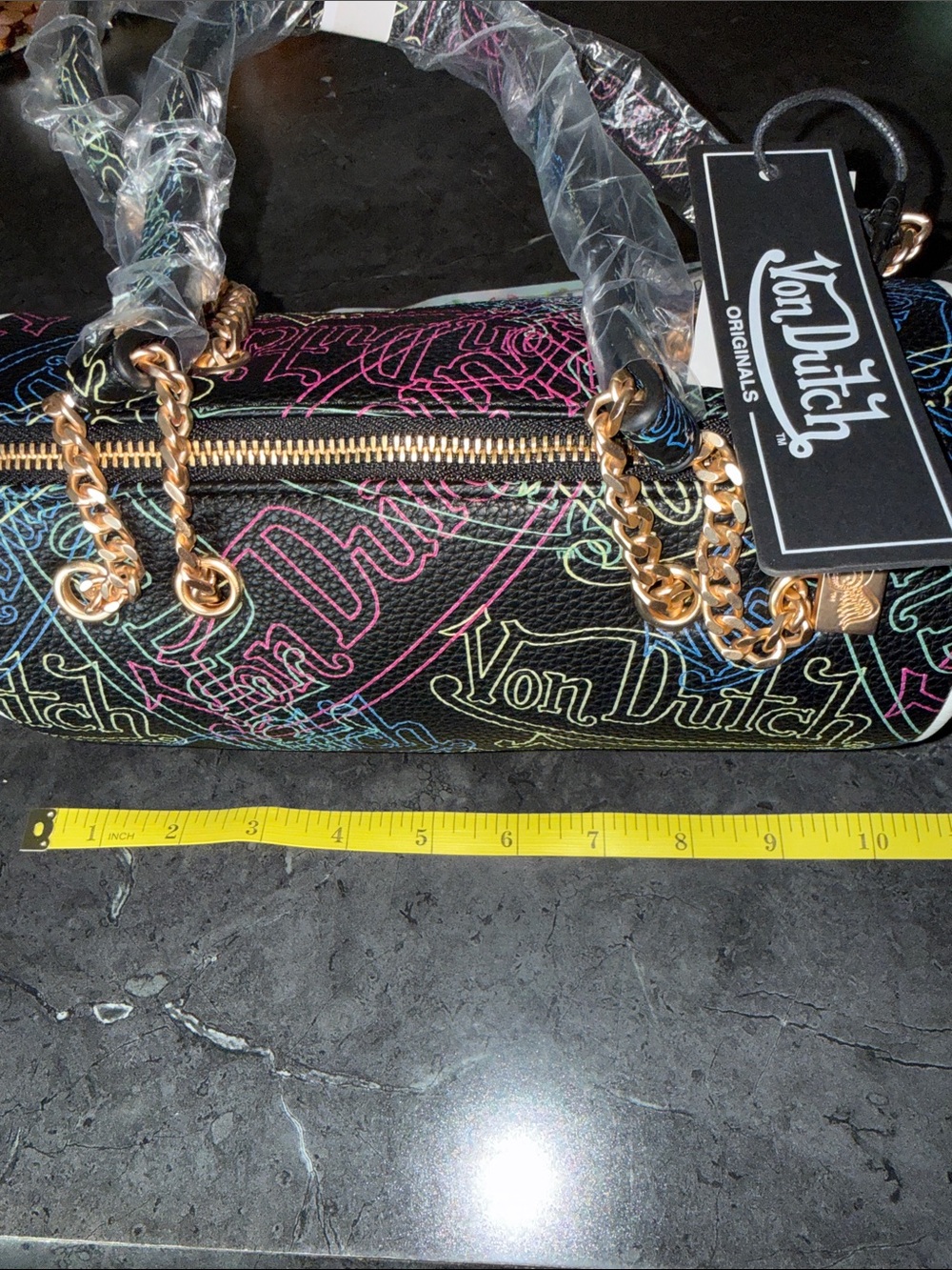 Von Dutch Black Barrel Bag with Multicolor Neon Script
